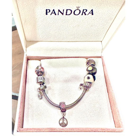 Pandora .925 Silver Charm Bracelet with 10 Retired Gold & Gemstone Charm Options - Picture 3 of 6
